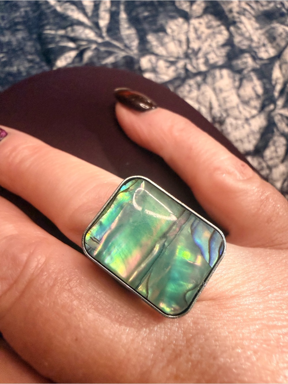 Iridescent Abalone Rectangle Statement Ring — Green Blue